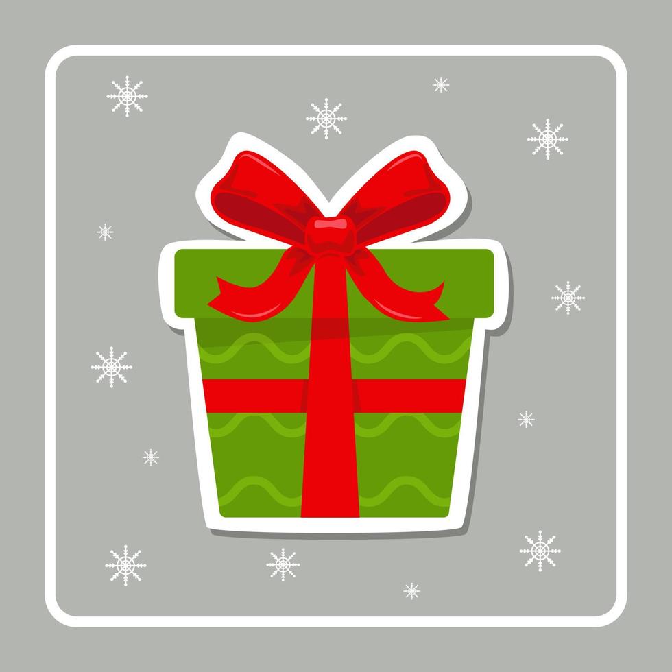 linda tarjeta de navidad con caja de regalo verde y lazo rojo. pegatina de invierno. decoración festiva, sorpresa. tarjeta de felicitación, marco para navidad, año nuevo. diseño para postal, invitación. ilustración vectorial vector