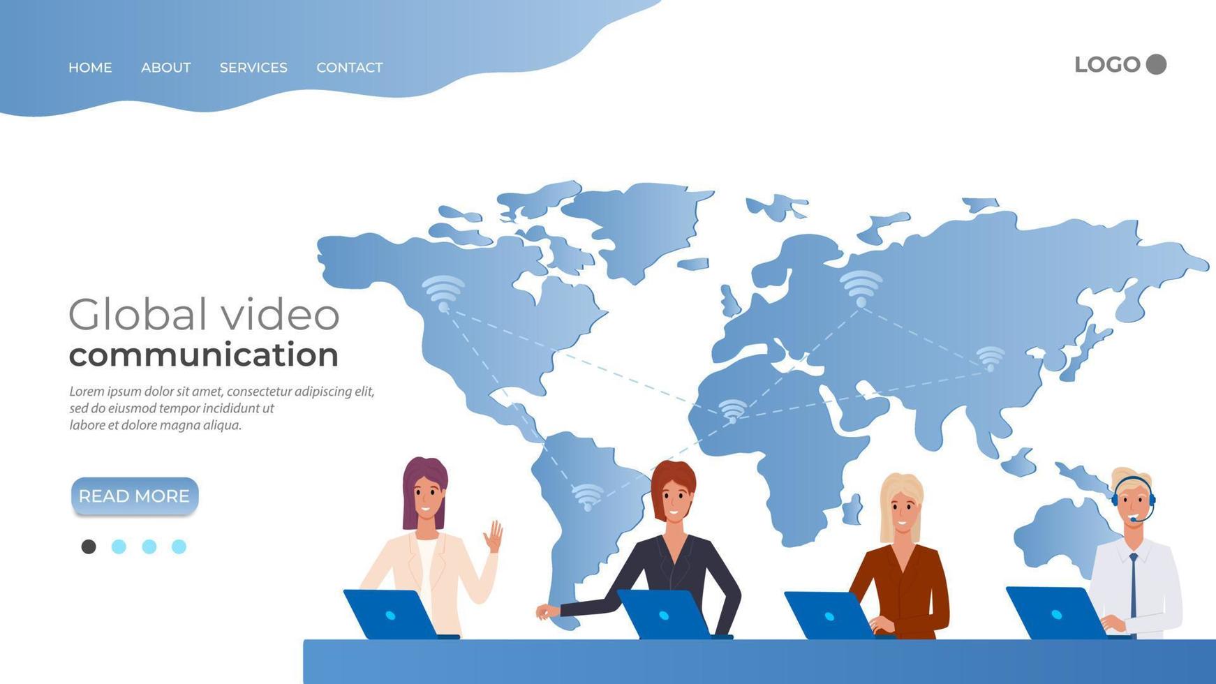 Global video communication.Using the world of Internet communications.Remote communication, video conferencing, telecommuting freelance and online meetings.People on the background of the earth map. vector