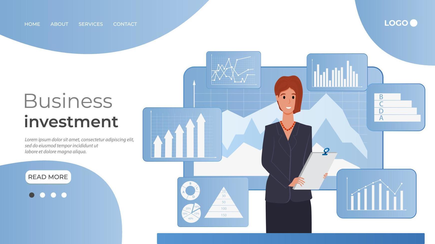 Business investment.A woman works in an office with an infographic in the background.Office work, co-working, study of business projects.The template of the landing page. vector