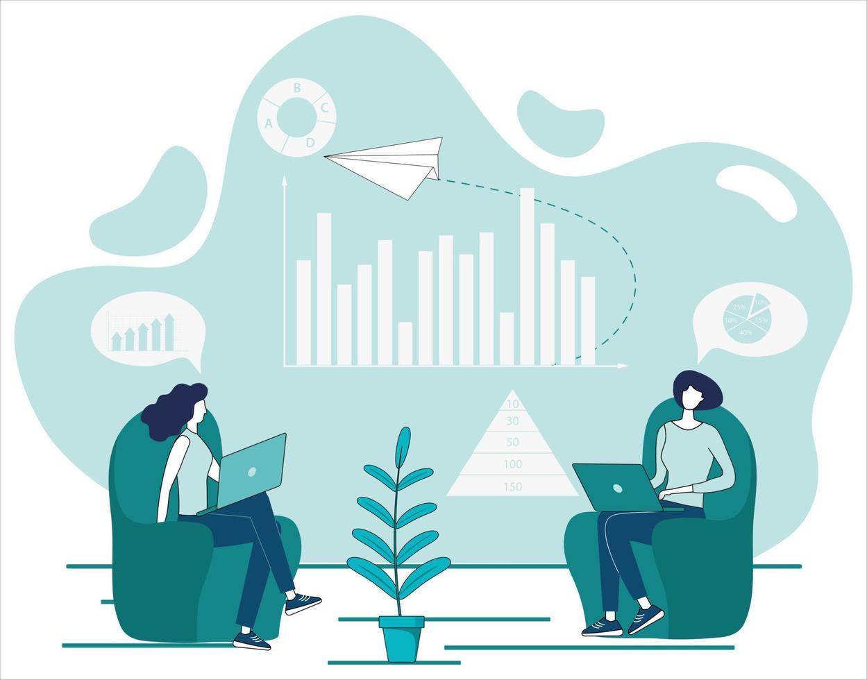 Discussion of investments.Project management analysis. Business concept.People are engaged in analysis and SEO promotion of business projects.Flat vector illustration in the style of hand drawing.