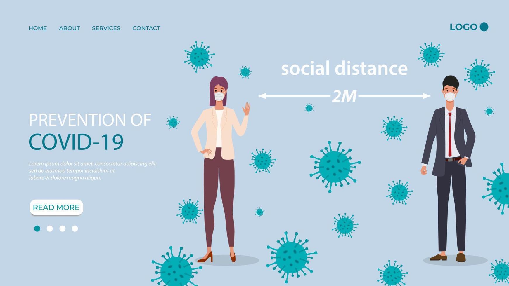A man and a woman in medical masks stand at a safe distance from each other.Social distancing, prevention of the spread of coronavirus safety concept and compliance with isolation measures. vector