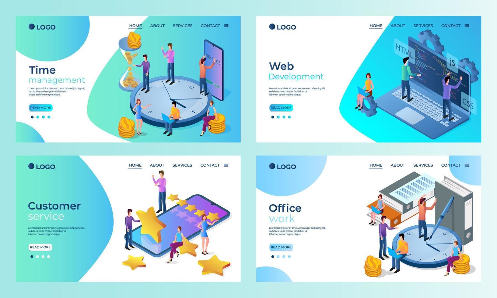 A set of landing page templates.Time management, Web development, Rating, Office work.Templates for use in mobile app development.Flat vector illustration.