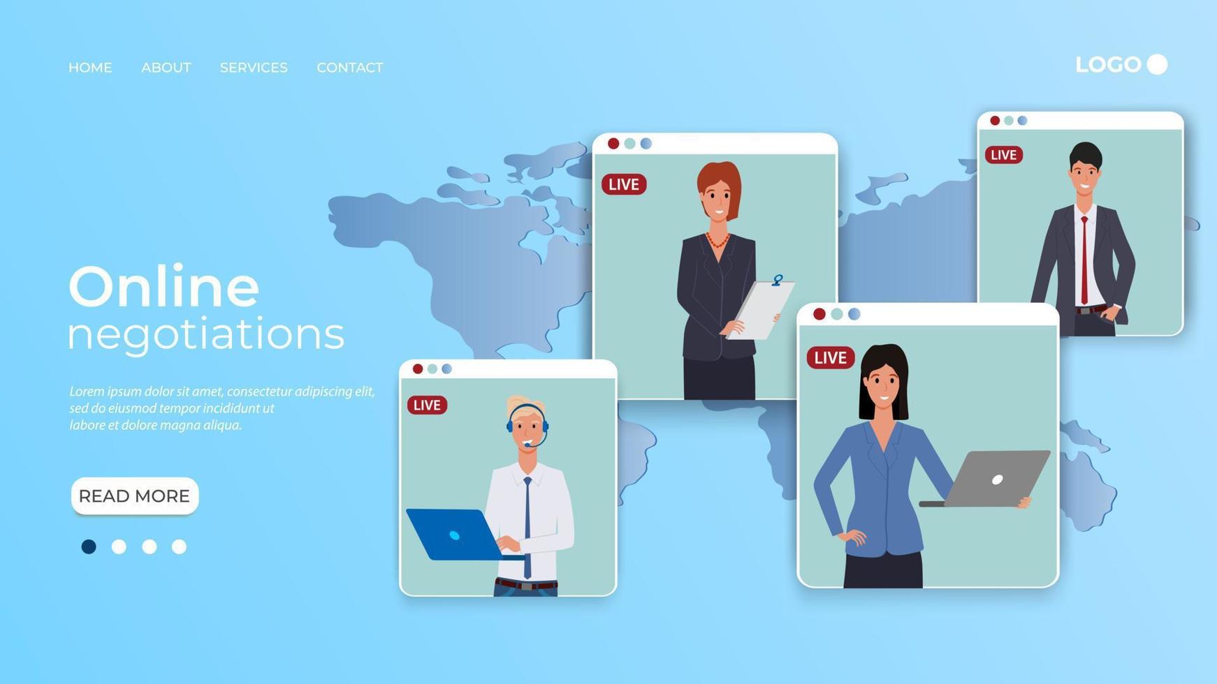 International online negotiations.People communicate with each other online against the background of a map of the Earth.Online meeting in quarantine.Flat vector illustration.