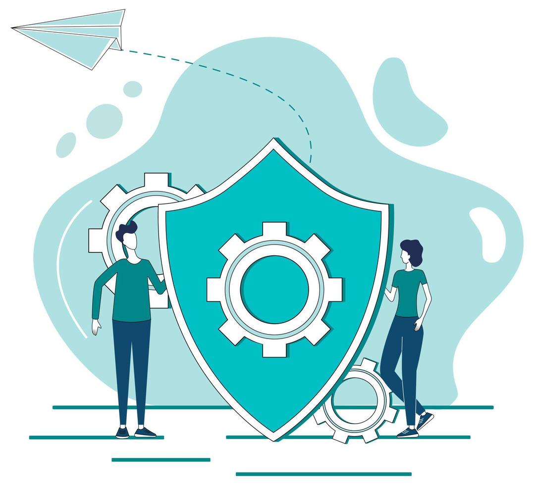 Technology protection.People hold a shield in their hands as a symbol of protection.The concept of security in the field of technology.Flat vector illustration.