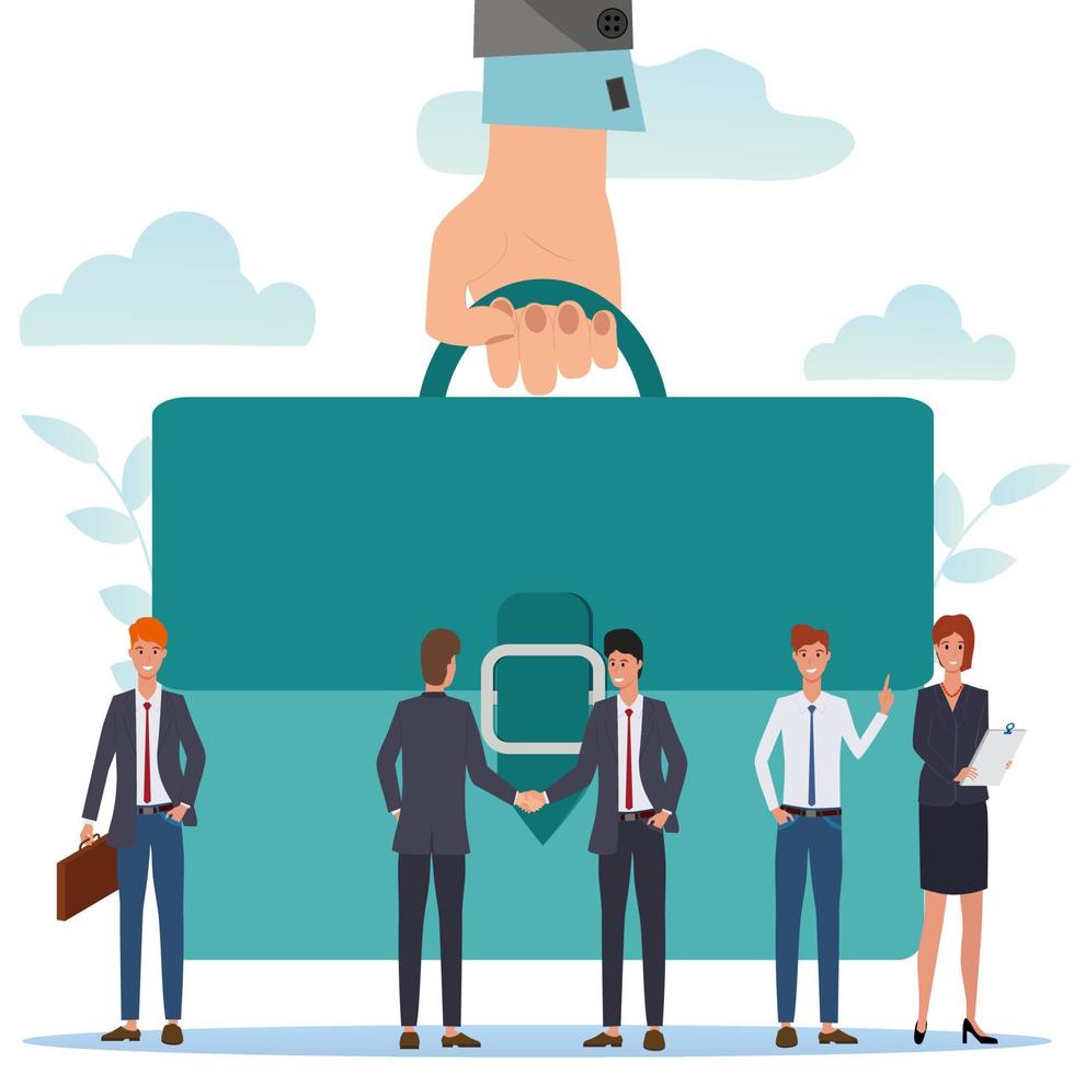 Businessmen enter into a business agreement.People on the background of a large portfolio.The concept of successful negotiations of the transaction and business prospects.Flat vector illustration.