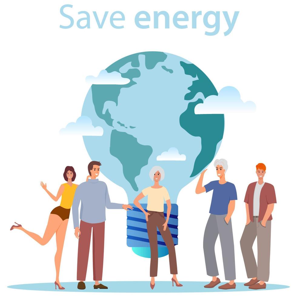 Save energy.People and planet Earth in the shape of a light bulb.The concept of energy saving environmental protection and eco-friendly fuel.Flat vector illustration.