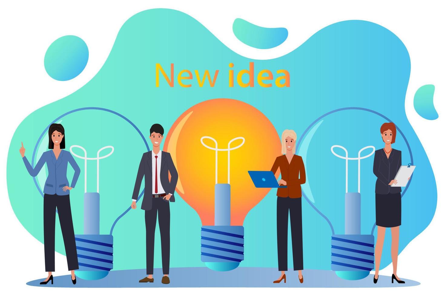 Businessmen on the background of light bulbs.The concept of new ideas, brainstorming and a new startup.Flat vector illustration.