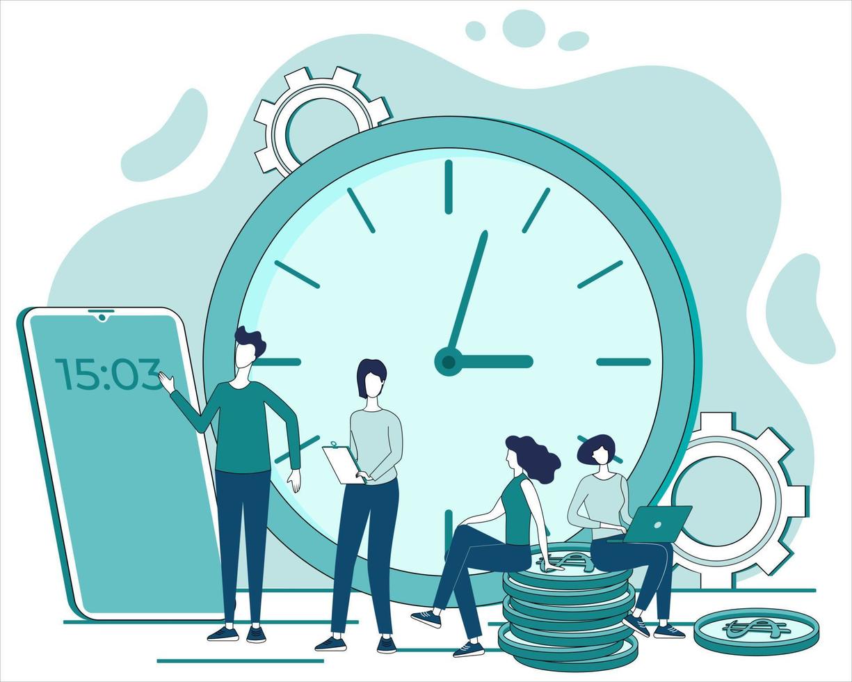 Deadline and time control.Business organization process, business people working together, working overtime under deadline conditions.People and a large watch with a smartphone showing the time. vector