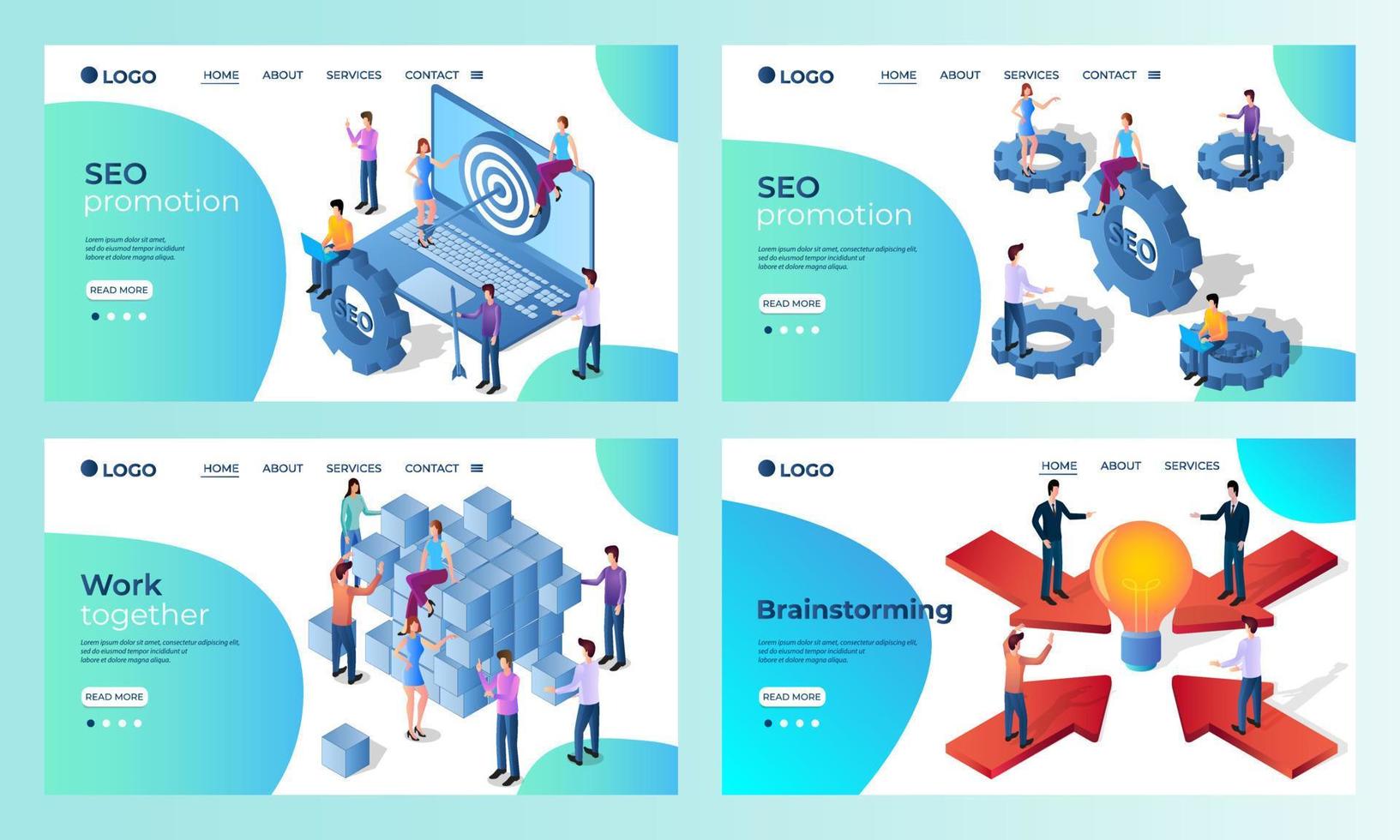 A set of landing page templates. SEO promotion, Brainstorming .Templates for use in mobile app development.Flat vector illustration.