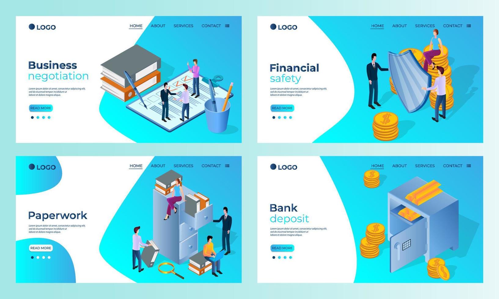 un conjunto de plantillas de página de inicio. Negociaciones comerciales, seguridad financiera, administración de oficinas, depósitos bancarios. Plantillas para usar en el desarrollo de aplicaciones móviles. Ilustración de vector plano.