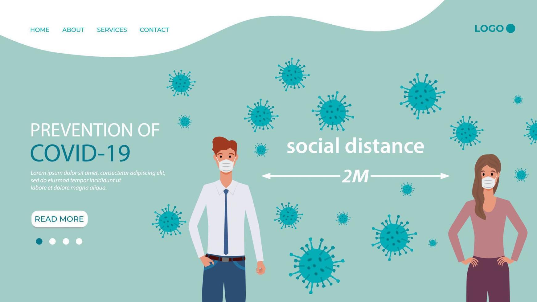 distancia social.prevención del coronavirus covid19.una llamada para mantener la distancia social en el contexto de la epidemia.protección contra el coronavirus y la gripe.plantilla de página de inicio. vector