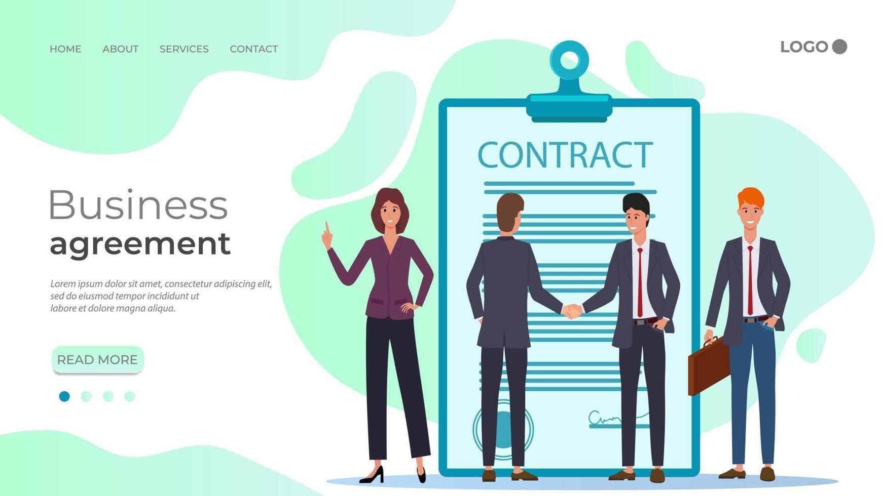 Business agreement.Young businessmen agree to sign a contract.The handshake, the signing of the Treaty negotiations..You can use it for web design.The template of the landing page. vector