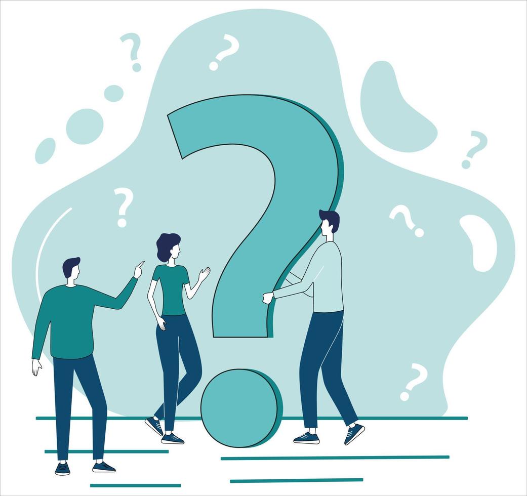 People ask each other questions.Businessmen search for answers and solve problems next to a big question mark.support service, online consultations, reference agency.Flat vector illustration