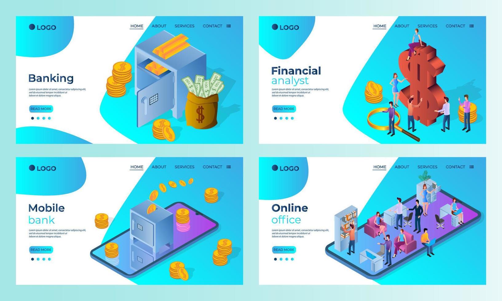 A set of landing page templates.Banking,Financial Analytics, Mobile banking, Online office.Templates for use in mobile app development.Flat vector illustration.