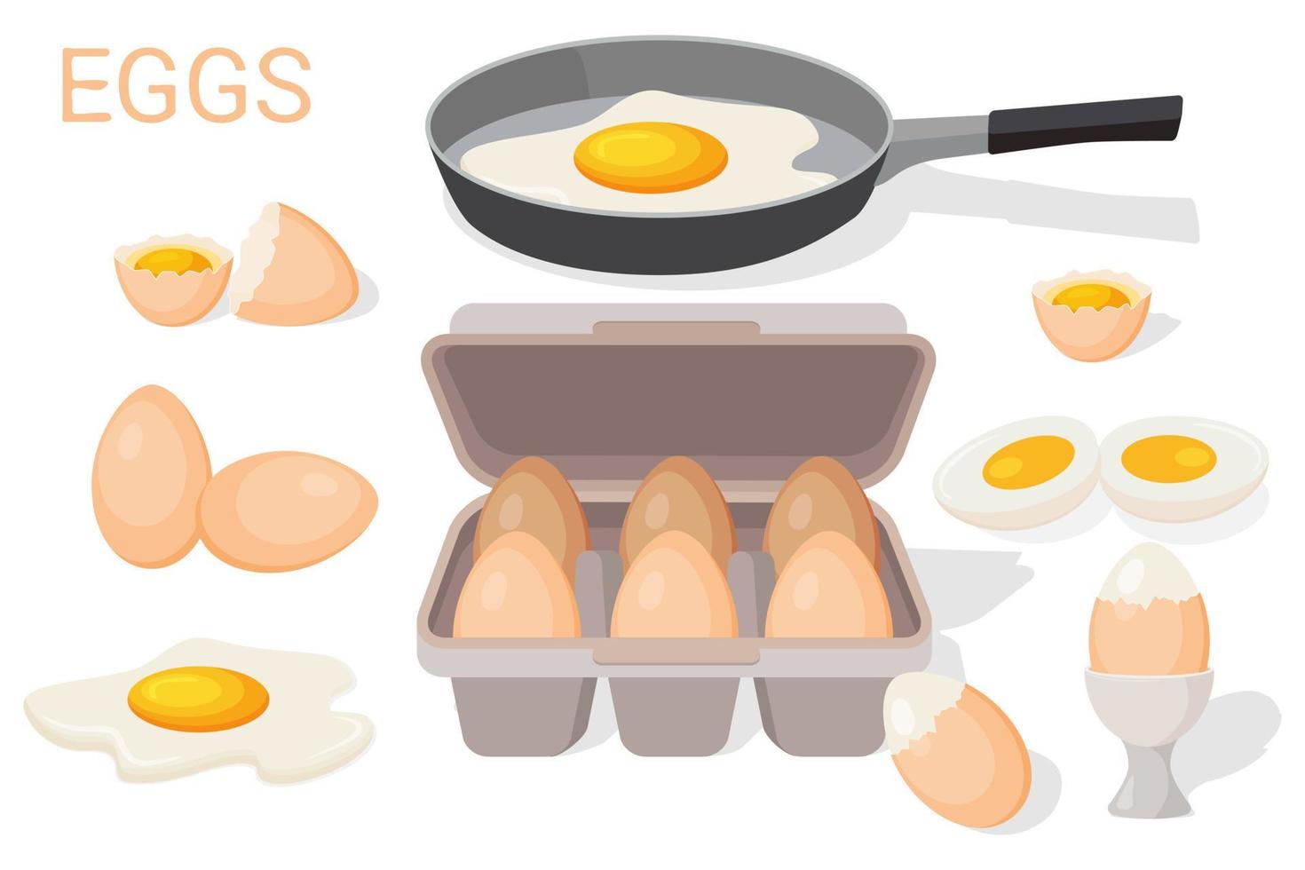 huevos de gallina.un conjunto de diferentes platos de huevo de gallina.huevos fritos en una sartén, huevos cocidos, huevos arrugados,huevos en un recipiente y huevos frescos.ilustración vectorial plana. vector