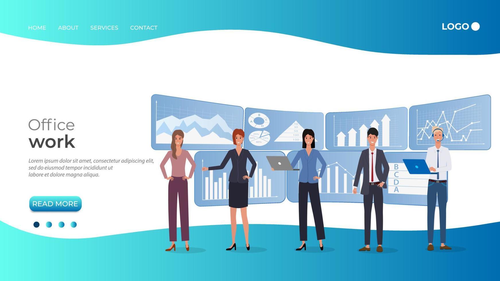 Business people engaged in the study of infographics.Teamwork, brainstorming, and searching for ideas.Annual account.Office work and coworking.The template of the landing page. vector