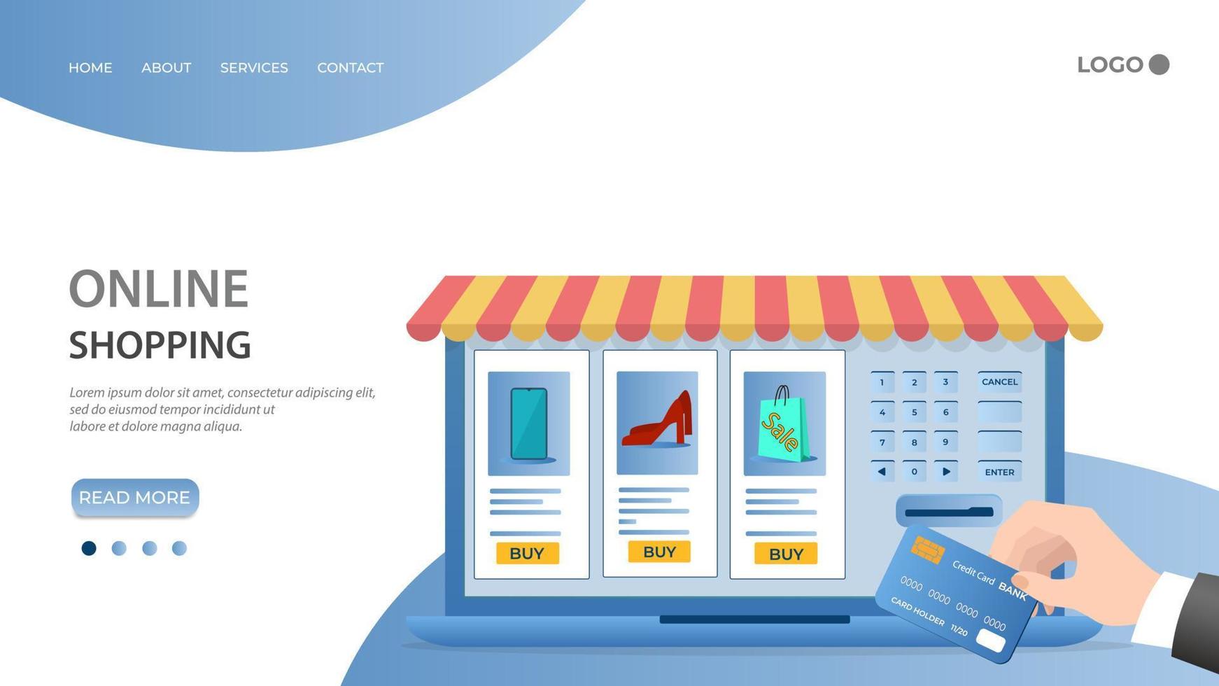 tienda en línea.la gente usa una tarjeta de crédito para hacer compras en una tienda en línea.el concepto de comercio en línea.ilustración vectorial plana.la plantilla de la página de inicio. vector