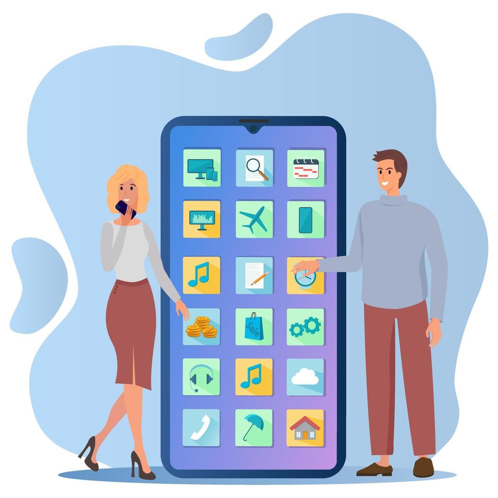 un hombre y una mujer jóvenes se paran al lado de un teléfono inteligente. el concepto de usar teléfonos inteligentes y otras tecnologías modernas. ilustración vectorial plana. vector