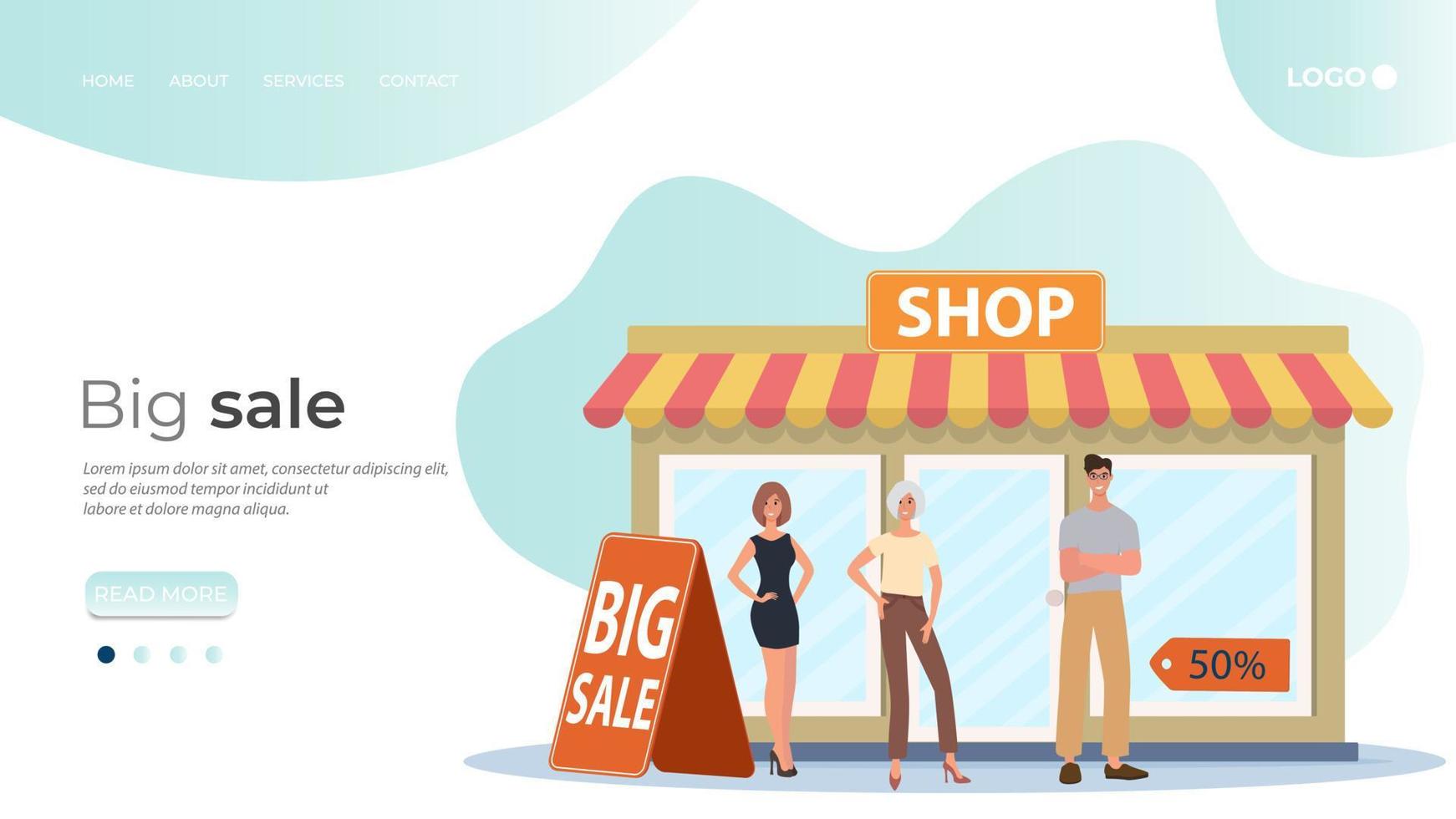 People came to the store for a big sale.Black Friday and big discounts.Attracting customers and training staff .Flat vector illustration.The template of the landing page.