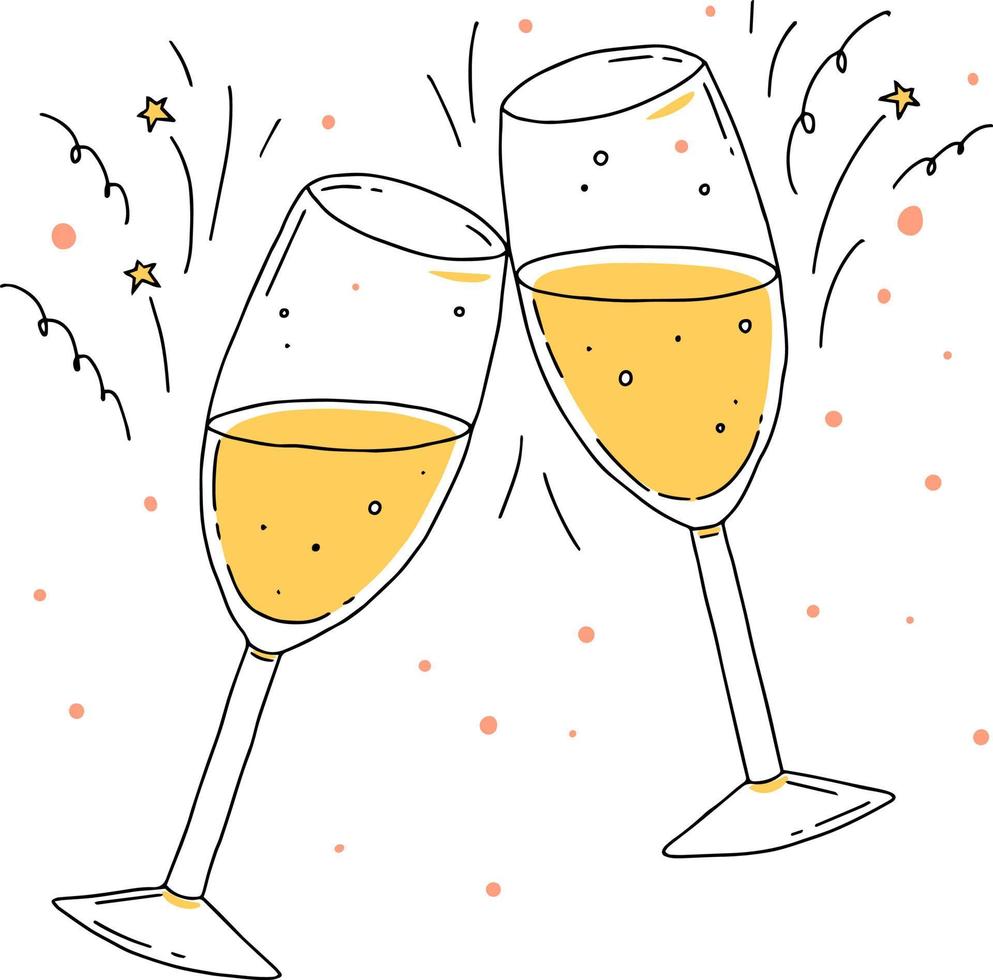 Two glasses of champagne on a white background, a toast. Christmas, anniversary or wedding celebration. Vector doodle hand drawn illustration.