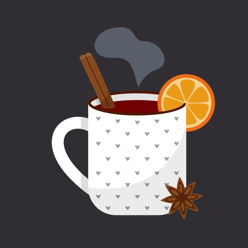 una copa de vino caliente con naranja, anís estrellado y canela. taza blanca con corazones sobre un fondo negro. bebida caliente. vector