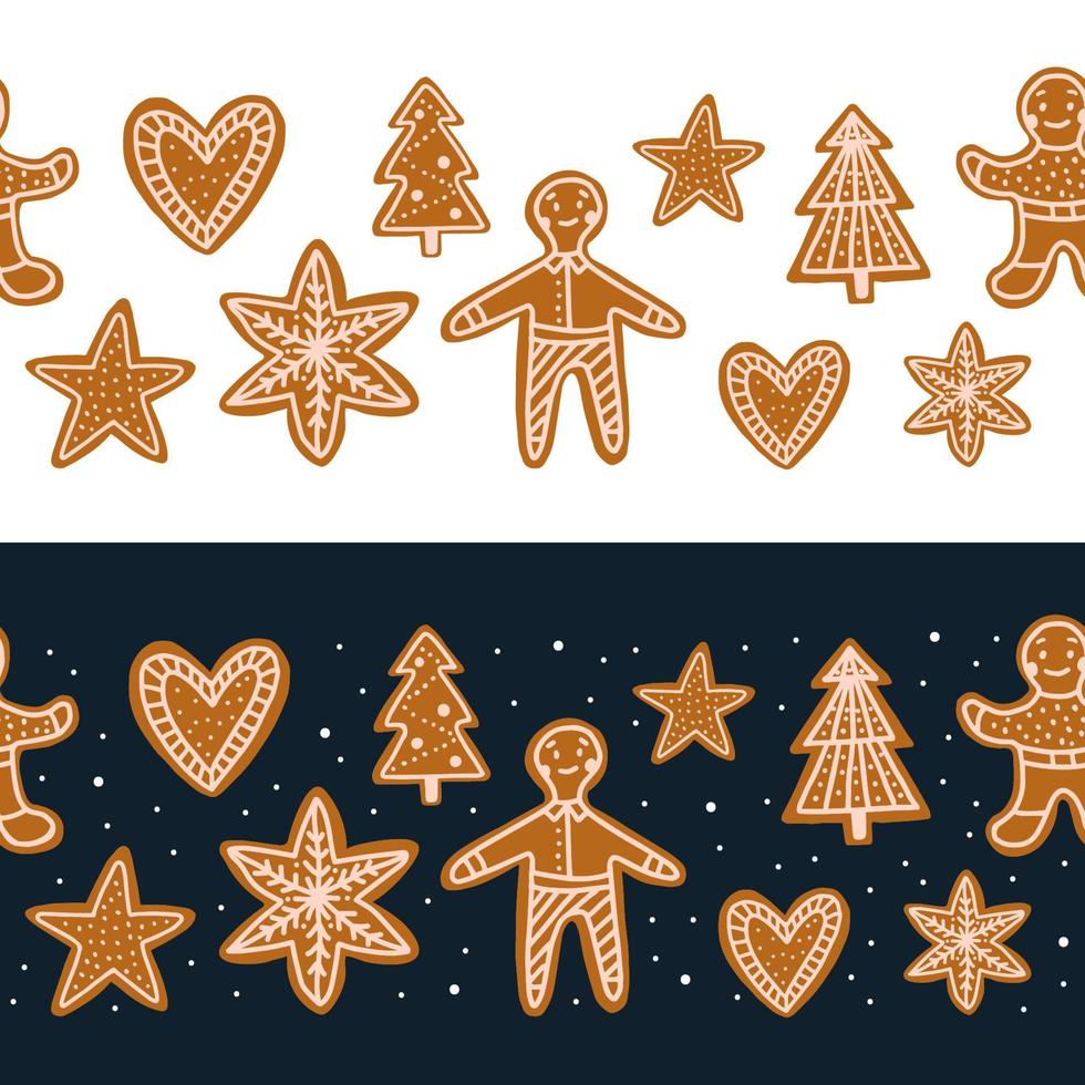 Seamless vector border with christmas cookies. Gingerbread cookies in the shape of hearts, Christmas trees and men.