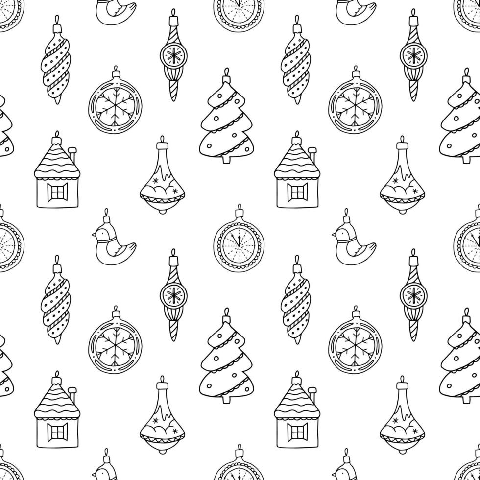 Seamless vector pattern with black christmas toys, decorations on a white background. Graphic print in doodle style.