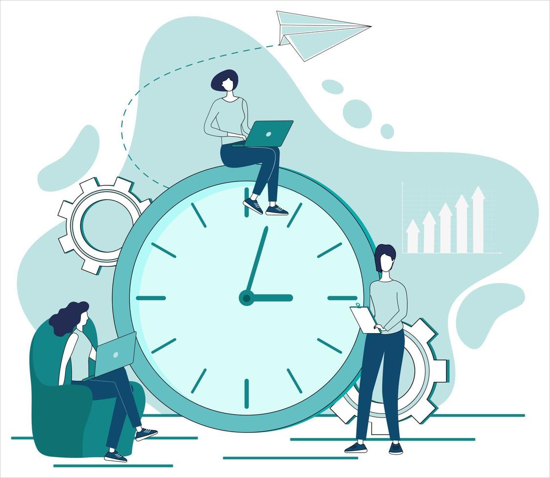 Working time.People calculate hours of productivity, efficient workflows.Time management and time control.Calculation of hours worked.Flat vector illustration in the style of hand drawing.