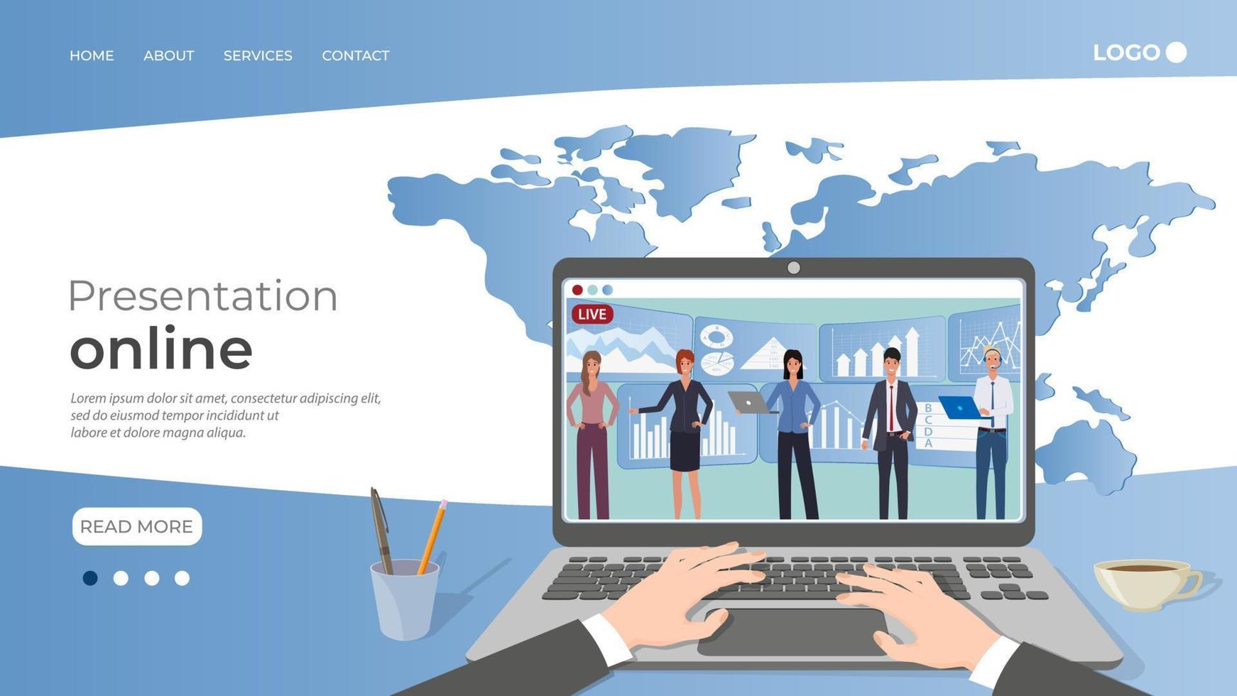 Young businessmen make an online presentation to their boss.Remote work, freelance, online training using a laptop.Concept of development of modern technologies.The template of the landing page. vector