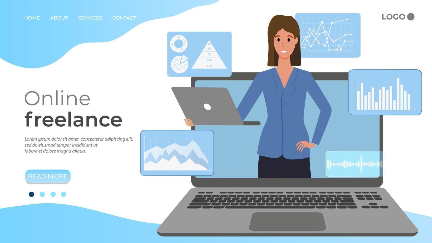 Online freelancing.A young woman is working on her laptop.Office work, online freelancing, and business Analytics.Flat vector illustration.The template of the landing page.