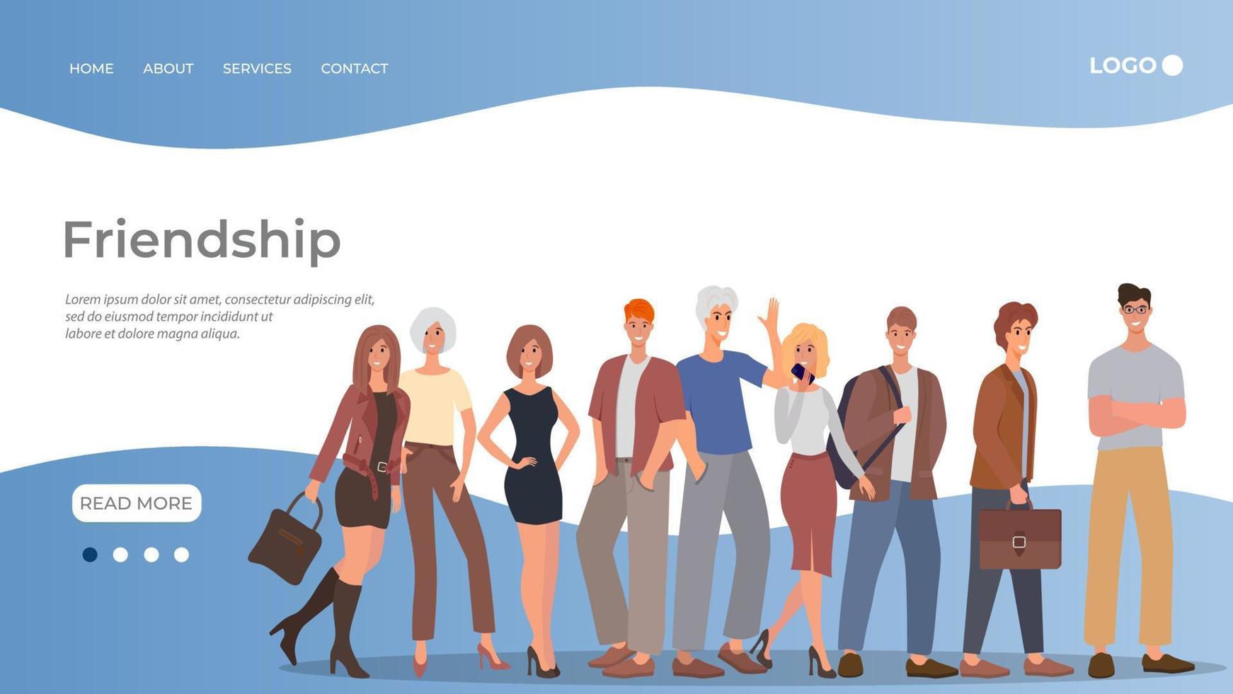 A group of different, fun-loving young people who spend time together with each other.Friendship, unity, spending time together.Flat vector illustration.The template of the landing page.