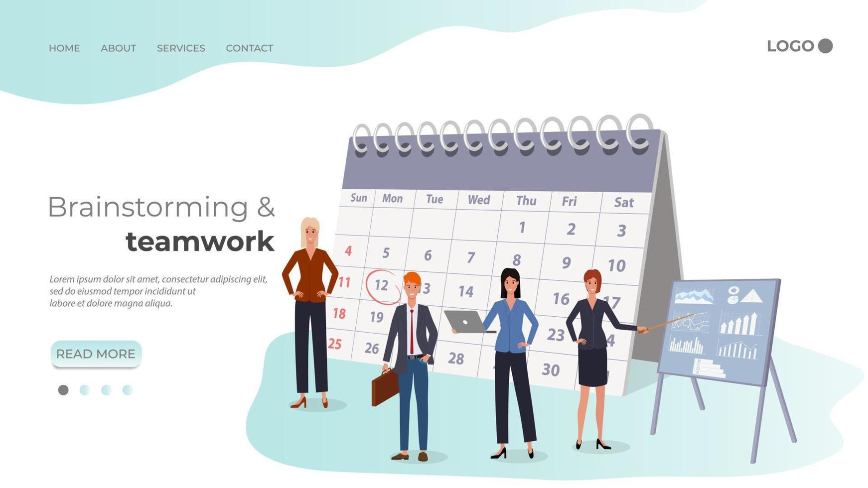 Teamwork and brainstorming.Employees check reports with the calendar.Deadline and coworking.Teamwork and search for ideas.Flat vector illustration.The template of the landing page.