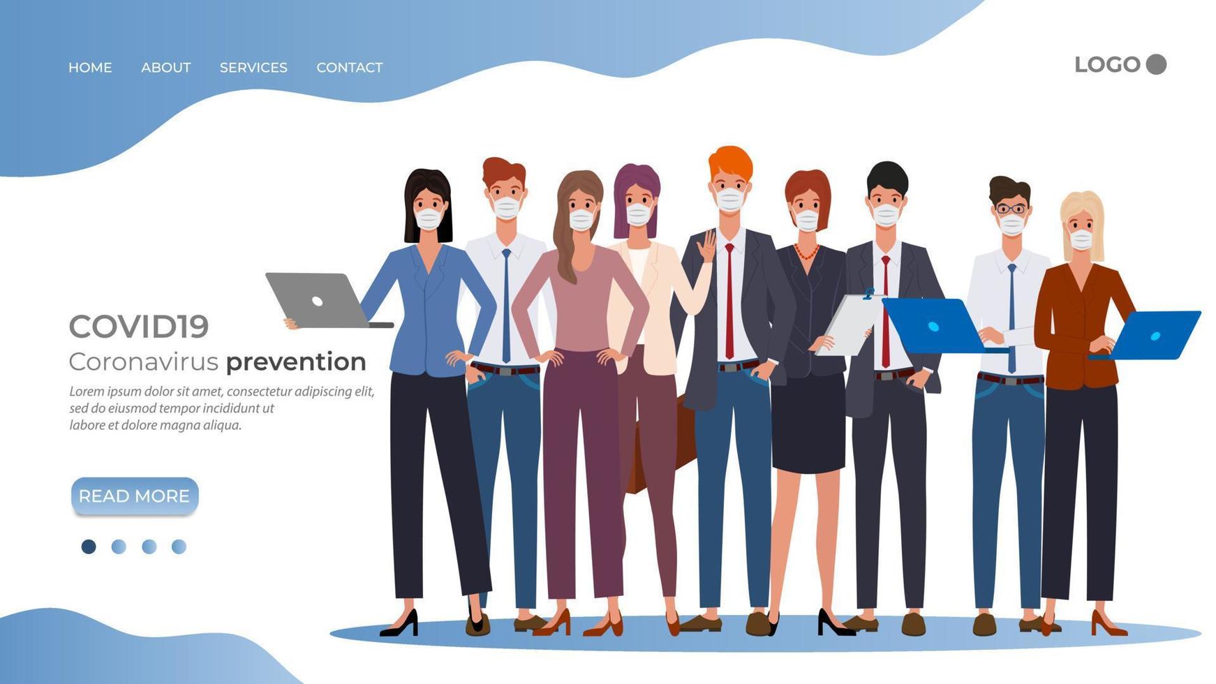 COVID19 Coronavirus prevention.Office workers wear medical masks.Call for compliance with security measures in the context of the epidemic.Protection from coronavirus and flu. vector