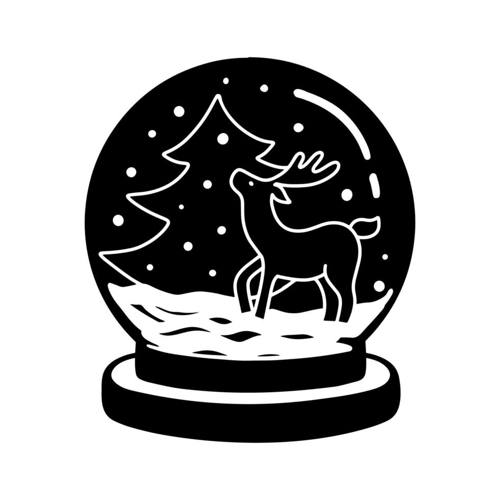 Winter glass snowglobe with raindeer and christmas tree. Vector glyph illustration isolated on white