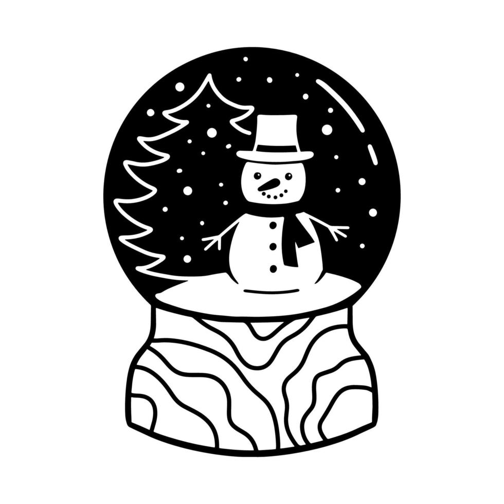 Winter glass snowglobe with snowman and christmas tree. Vector glyph illustration isolated on white