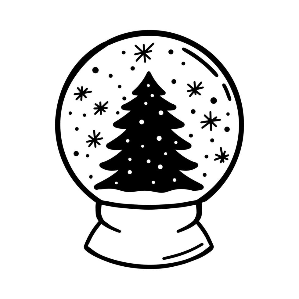 Winter glass snowglobe with christmas tree and snowflakes. Vector glyph illustration isolated on white