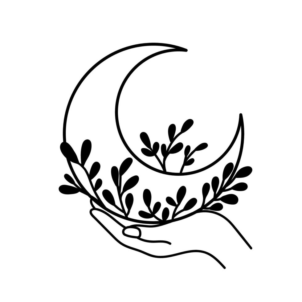 luna con hojas en mano femenina. media luna flor celeste. ilustración vectorial de aislado sobre fondo blanco. símbolo o logotipo vector