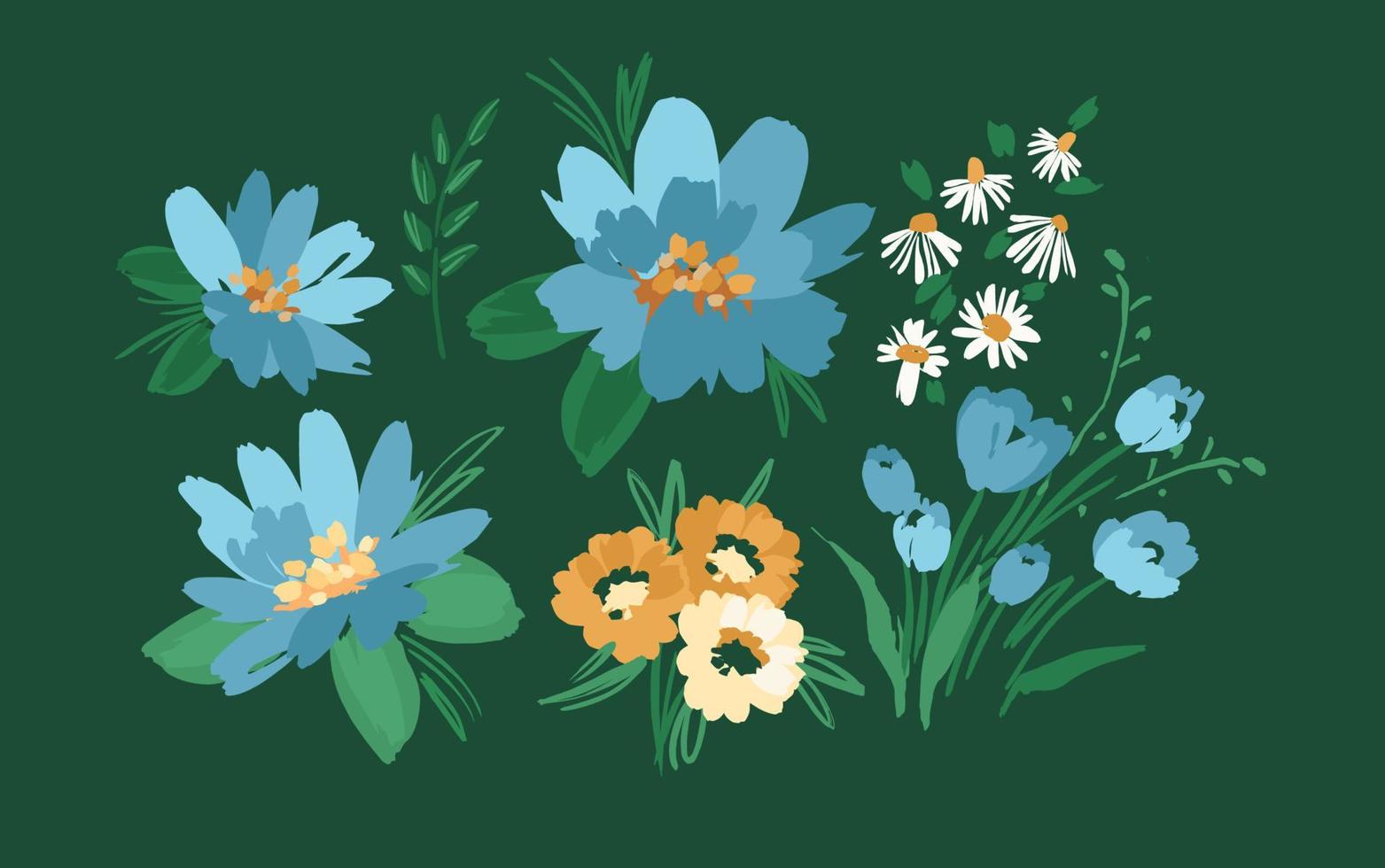 Set of floral design elements. Leaves, flowers, grass, branches Vector illustration