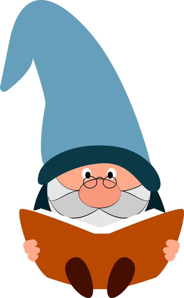 Gnome reading book, illustration, vector on white background.