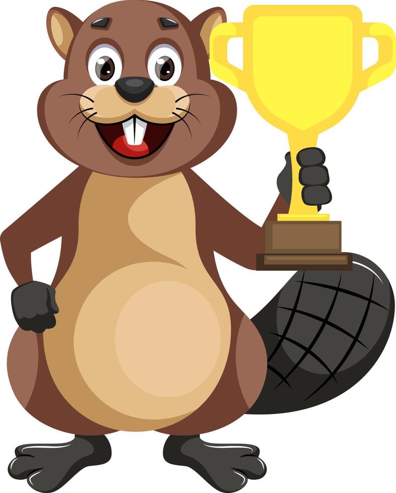 Beaver with trophy, illustration, vector on white background.