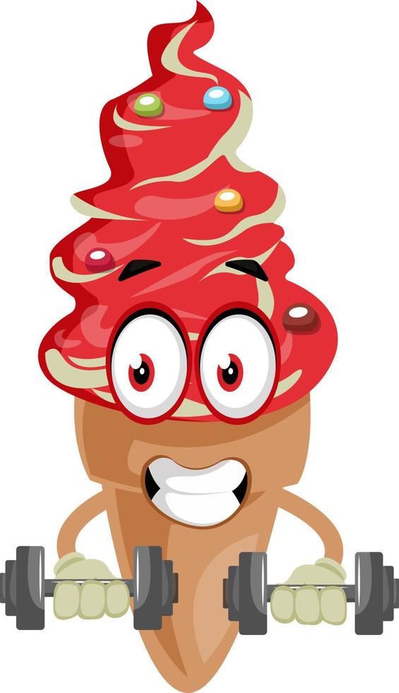 Ice cream lifting weights, illustration, vector on white background.