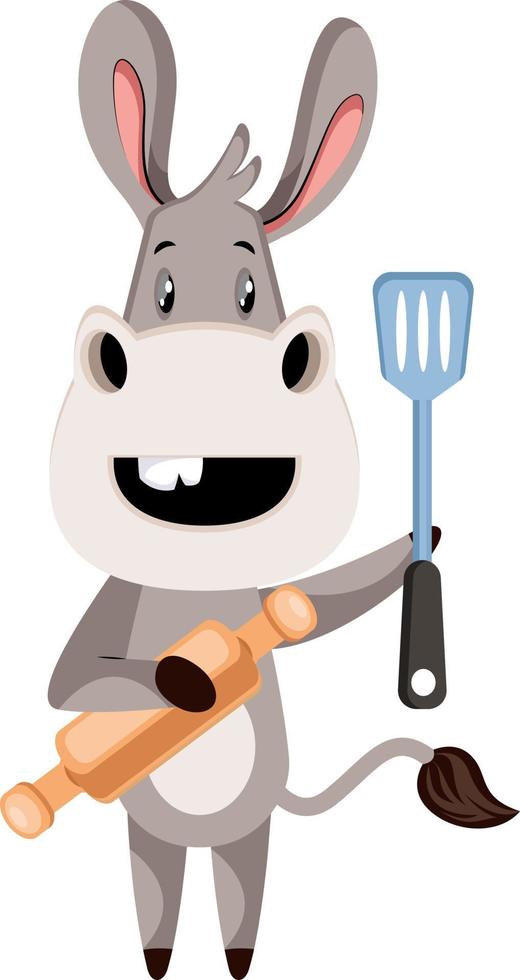 Donkey with rolling pin, illustration, vector on white background.