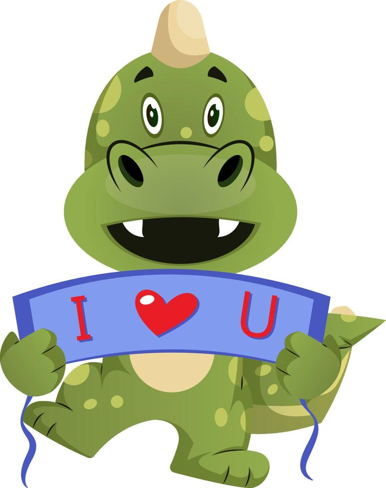 Green dragon is holding love sign, illustration, vector on white background.