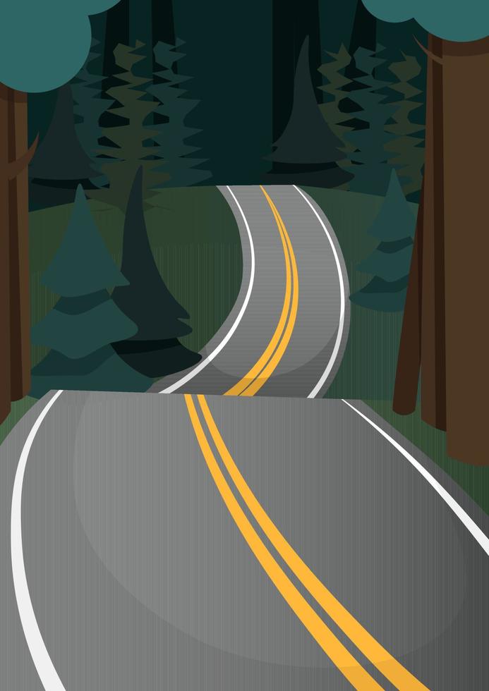 A gray road with two yellow stripes in the middle of a dark green forest with fir trees vector