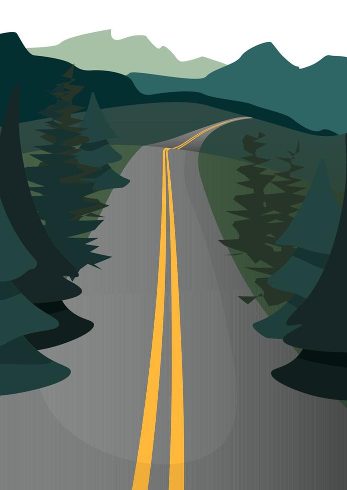 Gray road with two yellow stripes in the middle of a dark green forest vector
