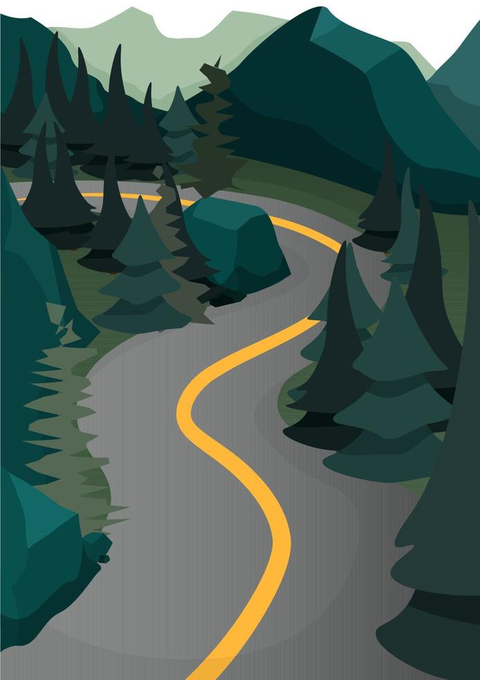 Gray road with a yellow stripe in the middle of a dark green forest vector