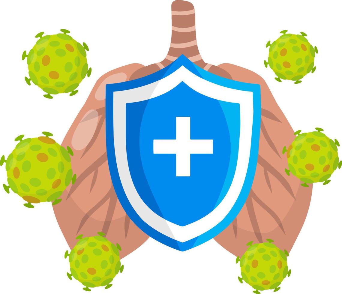 Disease of internal organs of respiration. Lungs and microbes. Medical care. Treatment for illness. Symbol of medicines. Flat illustration. Green virus and blue shield vector