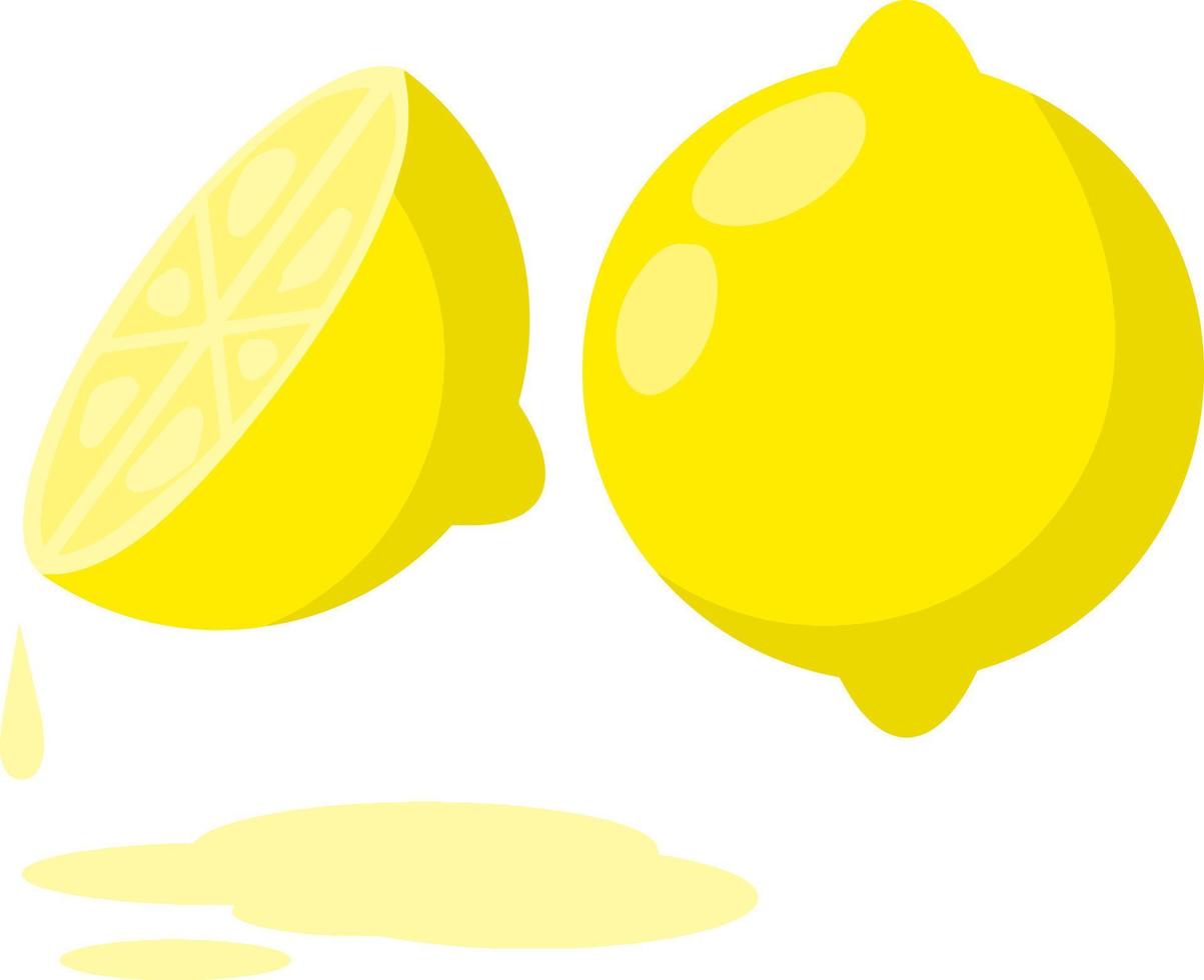 Lemon. Yellow sour fruit. Set of objects with vitamin C. Cut food. Cartoon flat illustration. Drop of juice vector