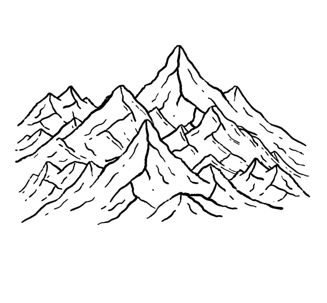 montañas en estilo grabado. paisaje natural de las tierras altas. cresta rocosa diseño dibujado a mano vector