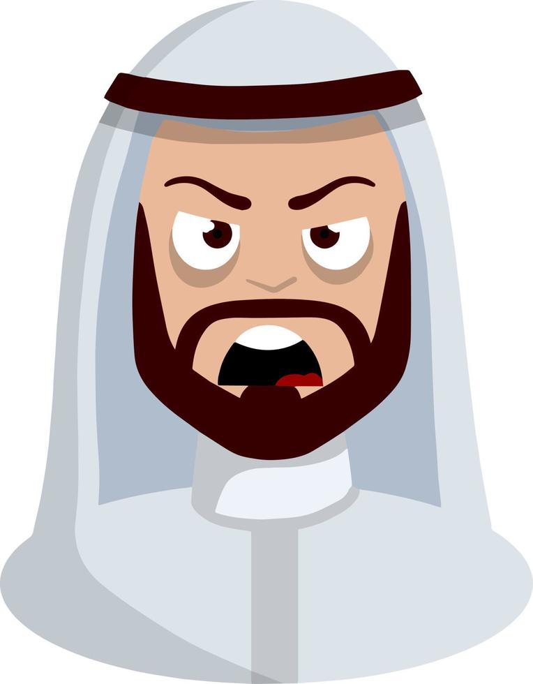 Angry face of Arab man in white national dress. Negative emotion. Evil look. Cartoon flat illustration. Screaming guy vector